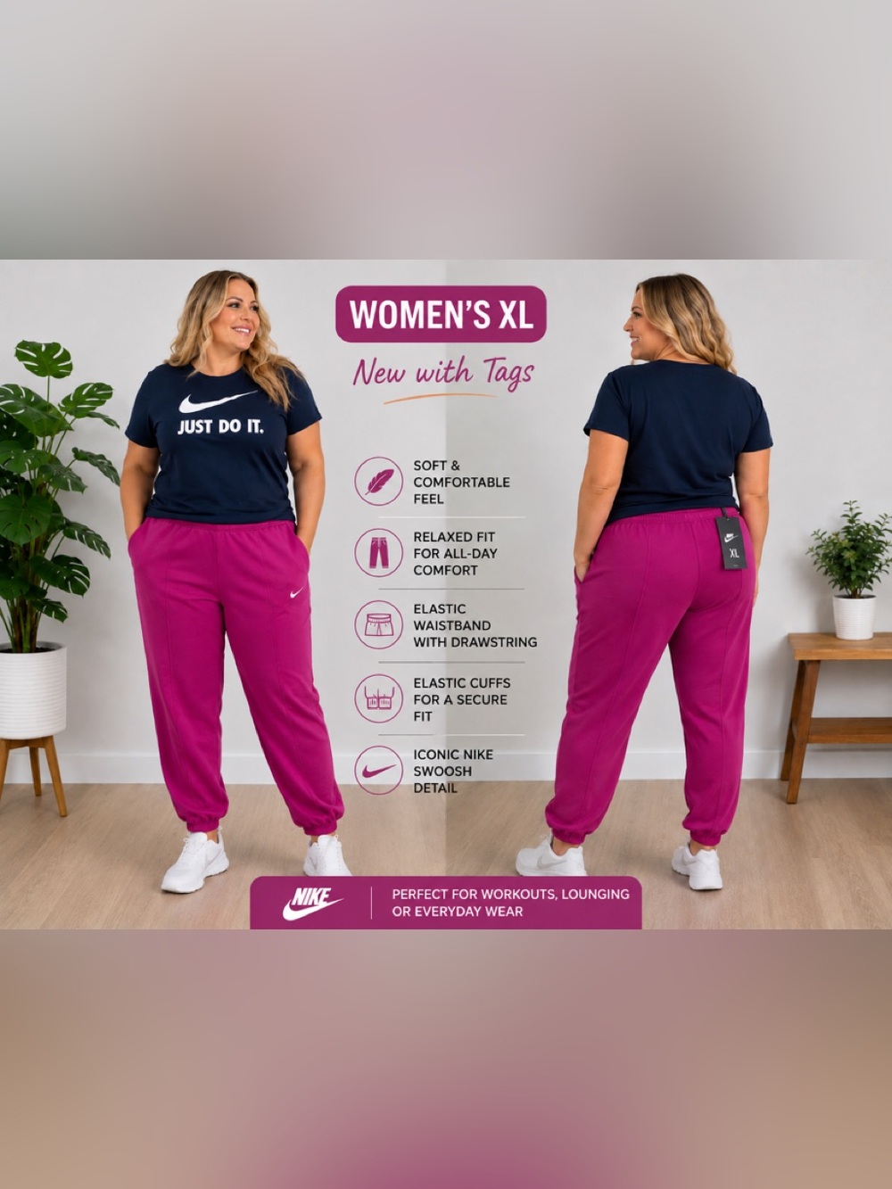 Nike women’s XL  Bright Magenta Joggers with Swoosh new with tags with shirt